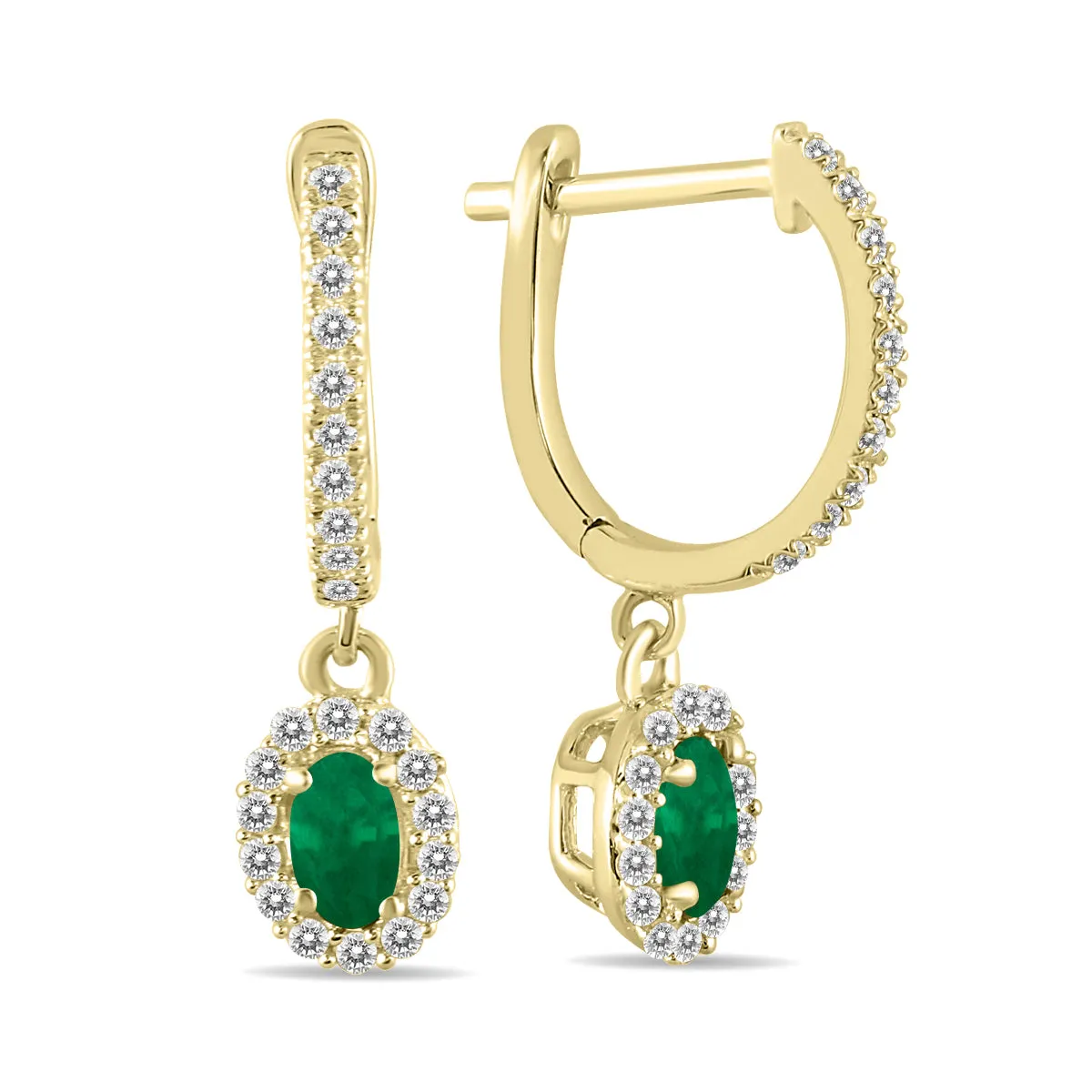 1/2 Carat Oval Emerald And Diamond Halo Dangle Earrings In 10K Yellow Gold