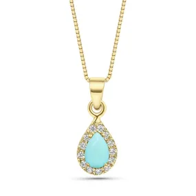 A drop-shaped halo pendant with a turquoise stone on a 14K gold chain.