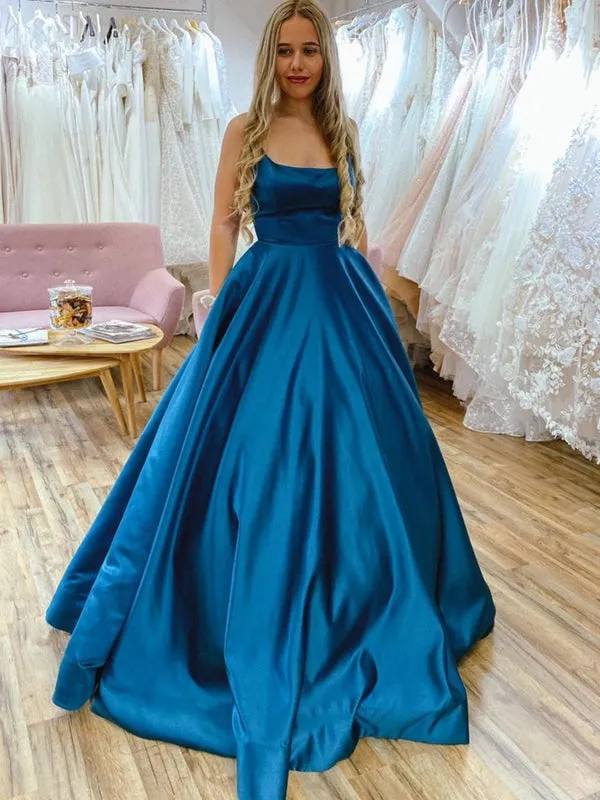 A Line Backless Blue Satin Long Prom Dresses with Belt, Backless Blue Formal Graduation Evening Dresses