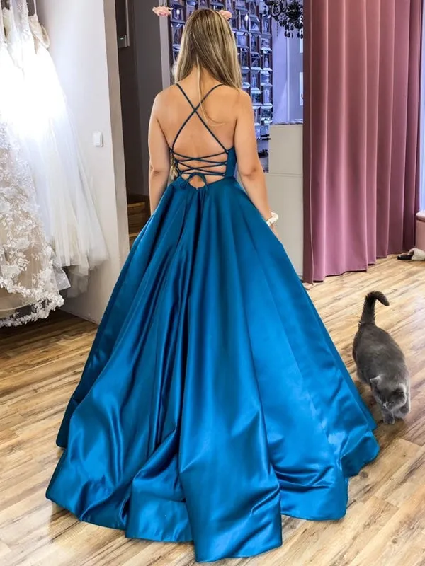 A Line Backless Blue Satin Long Prom Dresses with Belt, Backless Blue Formal Graduation Evening Dresses