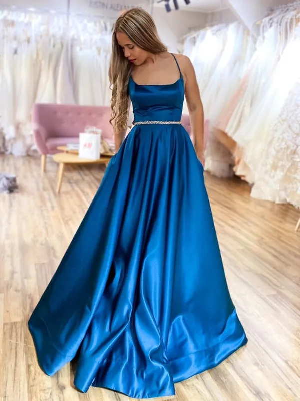 A Line Backless Blue Satin Long Prom Dresses with Belt, Backless Blue Formal Graduation Evening Dresses