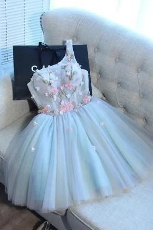 A Line One Shoulder Juniors Tulle Homecoming Dresses Cute Graduation Dress with Flower