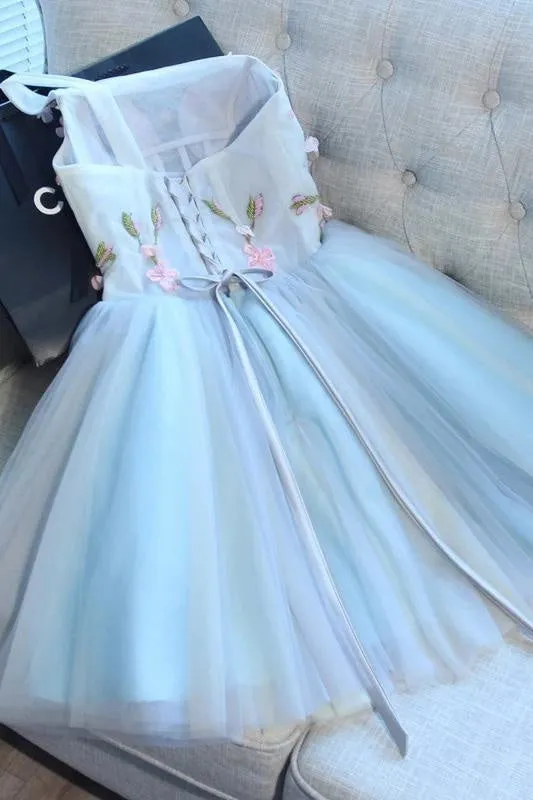 A Line One Shoulder Juniors Tulle Homecoming Dresses Cute Graduation Dress with Flower