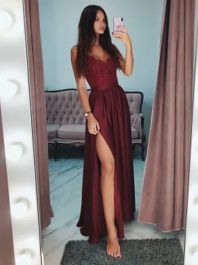 A Line V Neck Burgundy Lace Prom Dresses with Side Slit, Burgundy Lace Spaghetti Straps Graduation Dresses, Burgundy Lace Formal Dresses