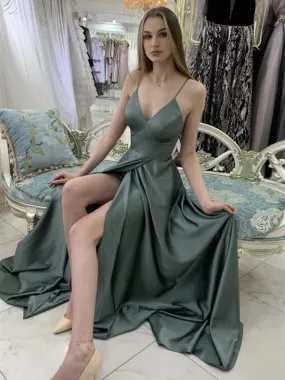 A Line V Neck Green Satin Long Prom, Green V Neck Long Formal Evening