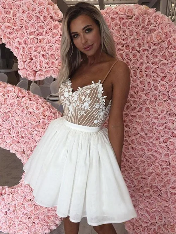 A Line V Neck Short White Lace Prom with Straps, White Lace Formal Graduation Evening