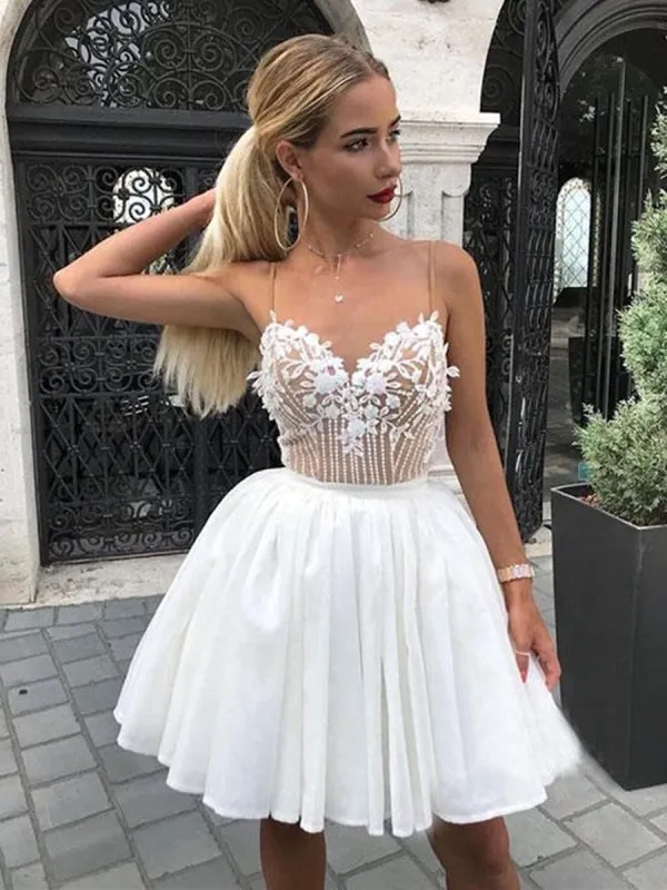 A Line V Neck Short White Lace Prom with Straps, White Lace Formal Graduation Evening