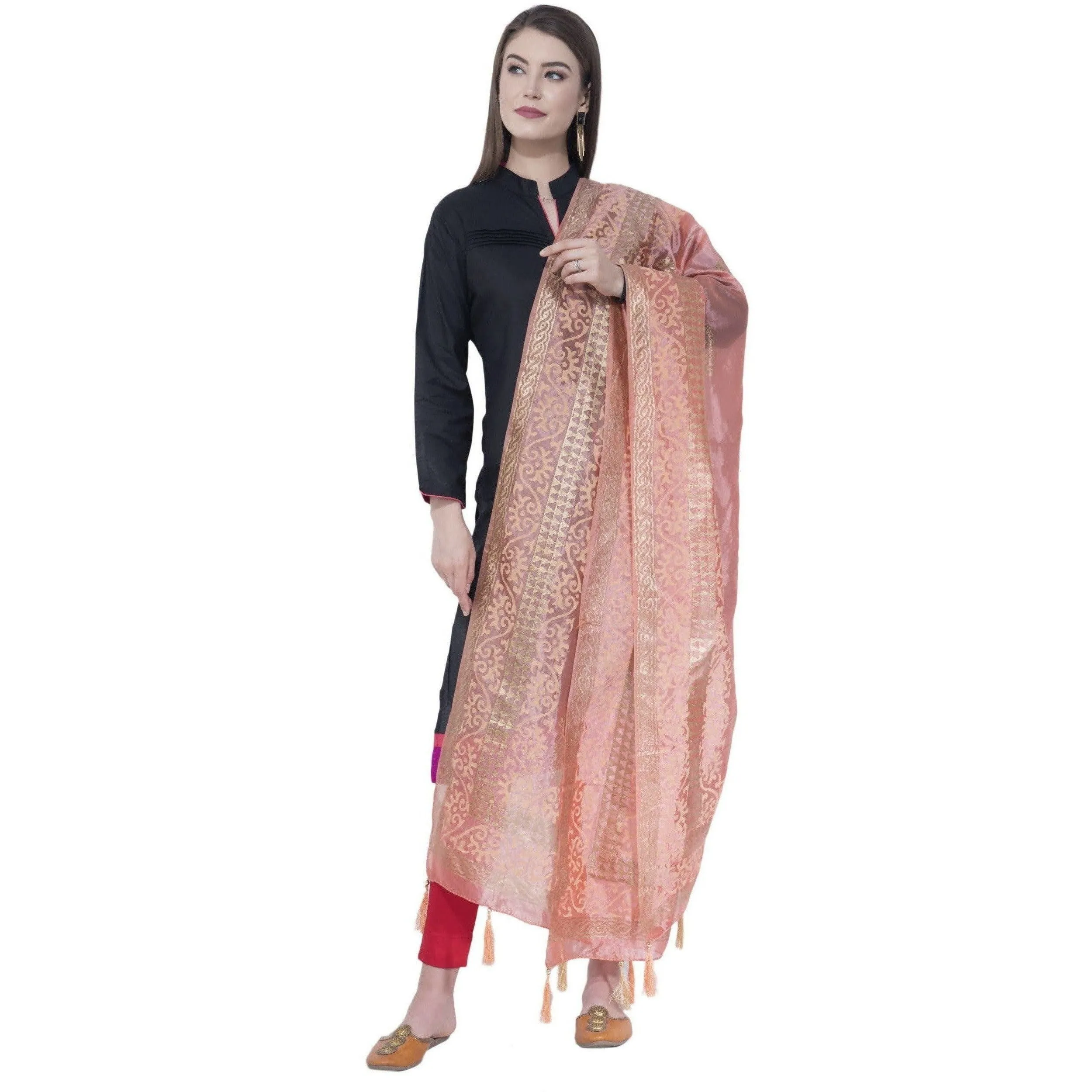 A R Silk Peach Color Silk Pahadi Print Dupattas and Chunnis