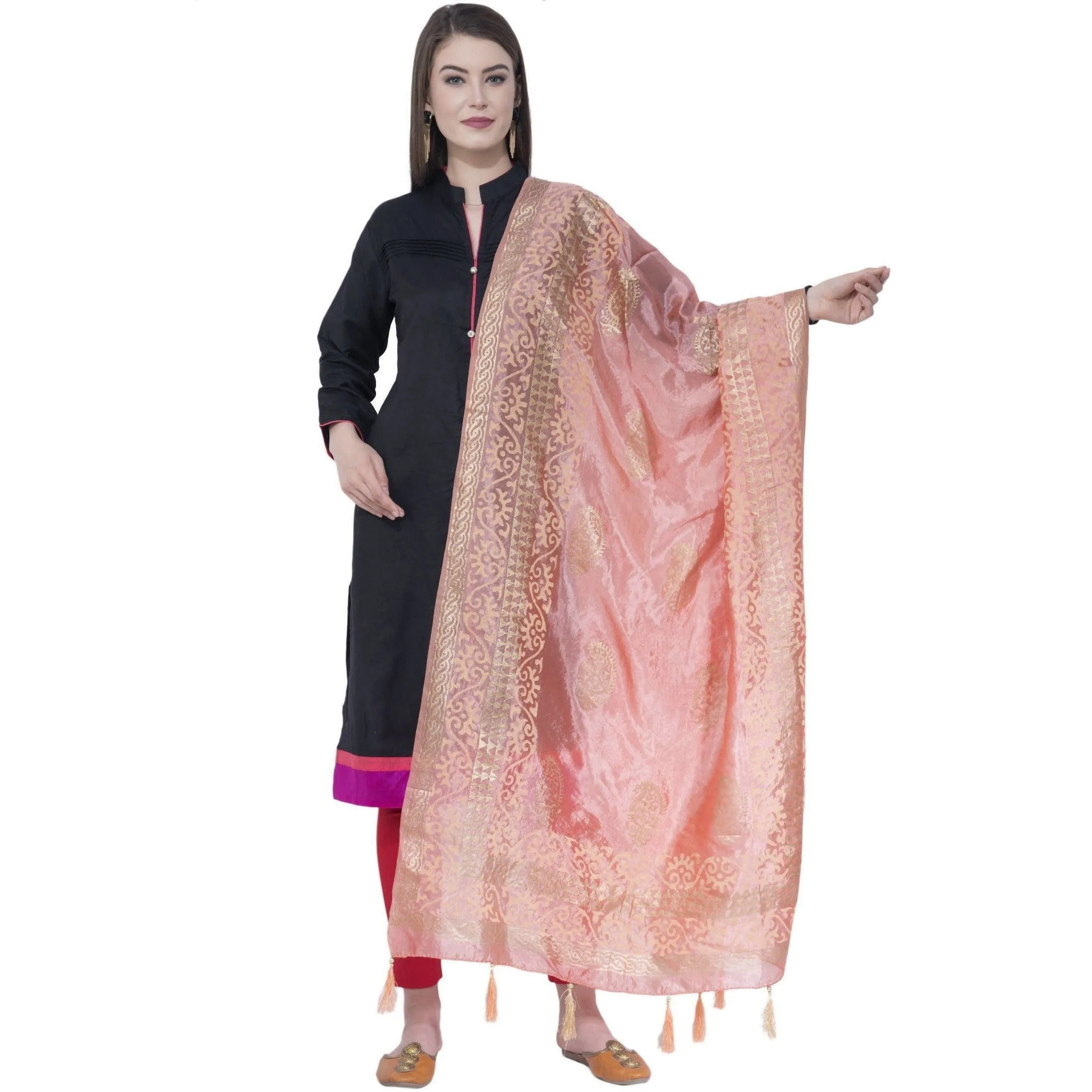 A R Silk Peach Color Silk Pahadi Print Dupattas and Chunnis