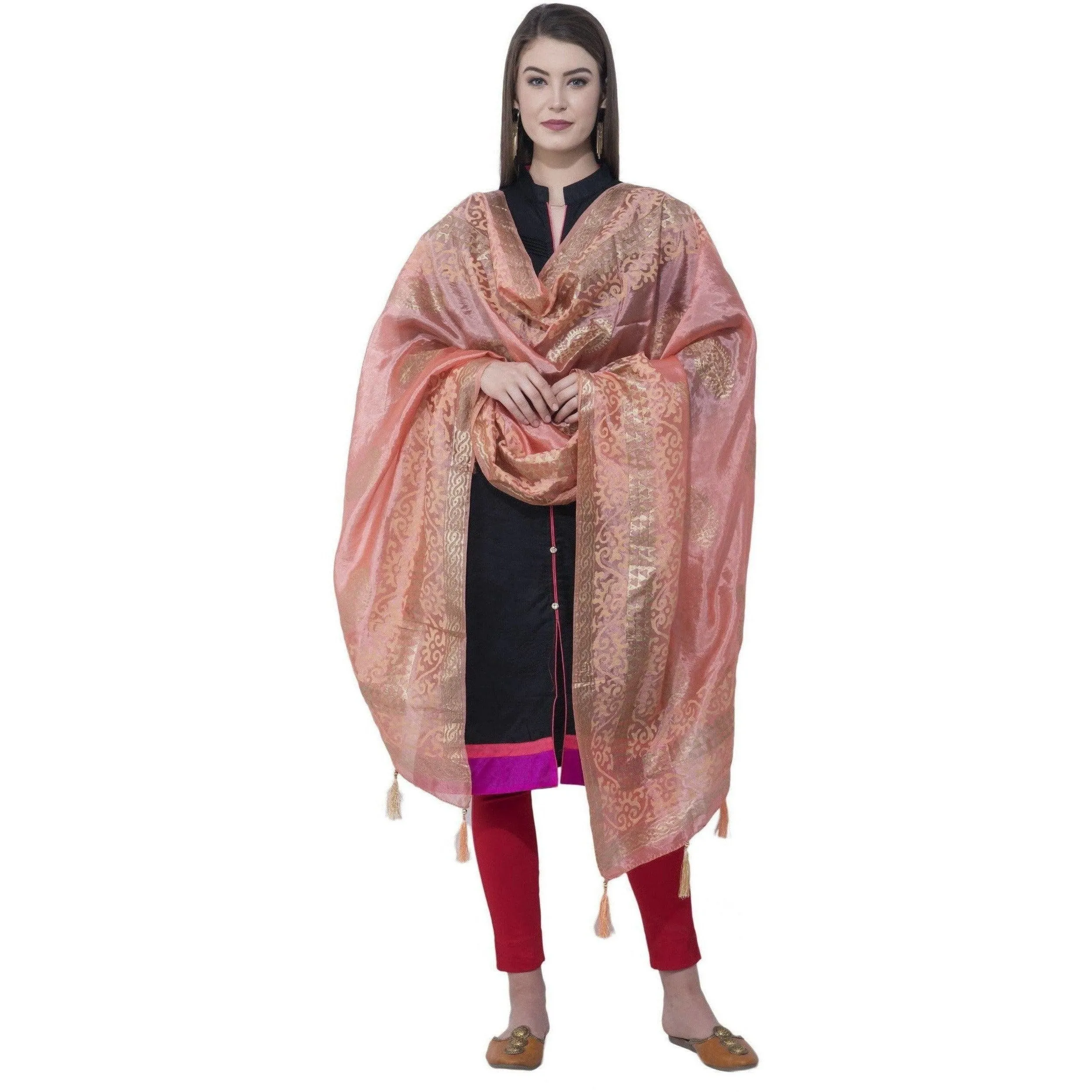 A R Silk Peach Color Silk Pahadi Print Dupattas and Chunnis