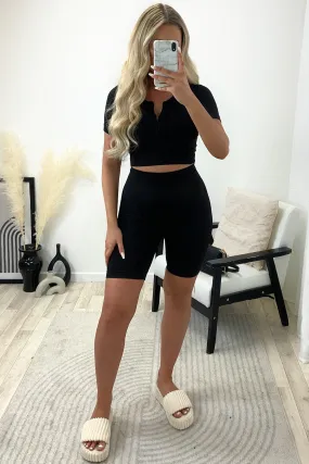 Adelle Black Ribbed Zip Front Crop Top and Cycling Shorts Gym Set