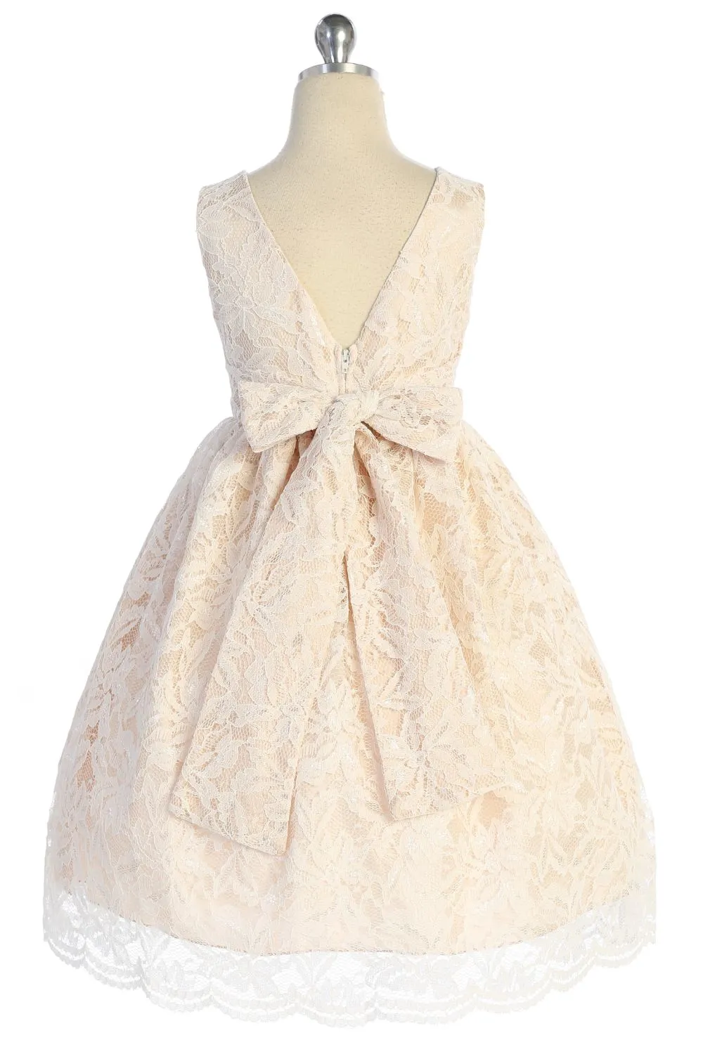 All Lace Girls Dress with V Back & Bow and Mesh Pearl Trim