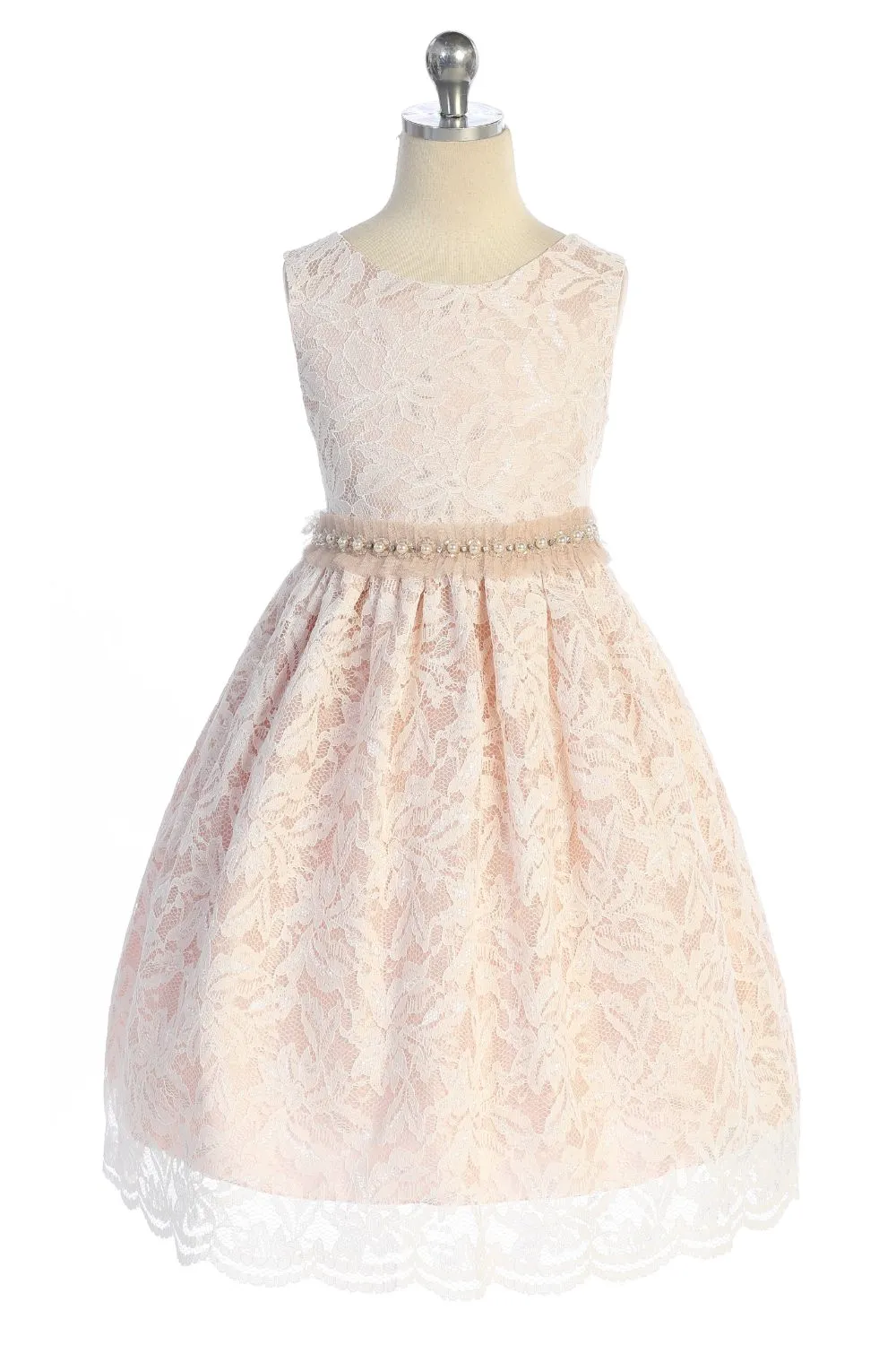 All Lace Girls Dress with V Back & Bow and Mesh Pearl Trim