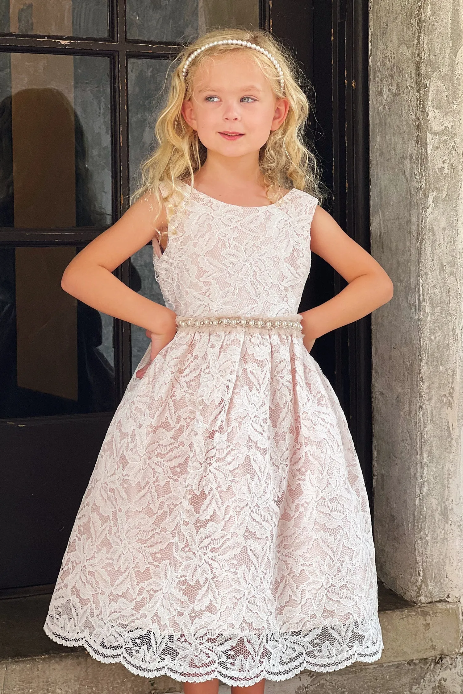 All Lace Girls Dress with V Back & Bow and Mesh Pearl Trim