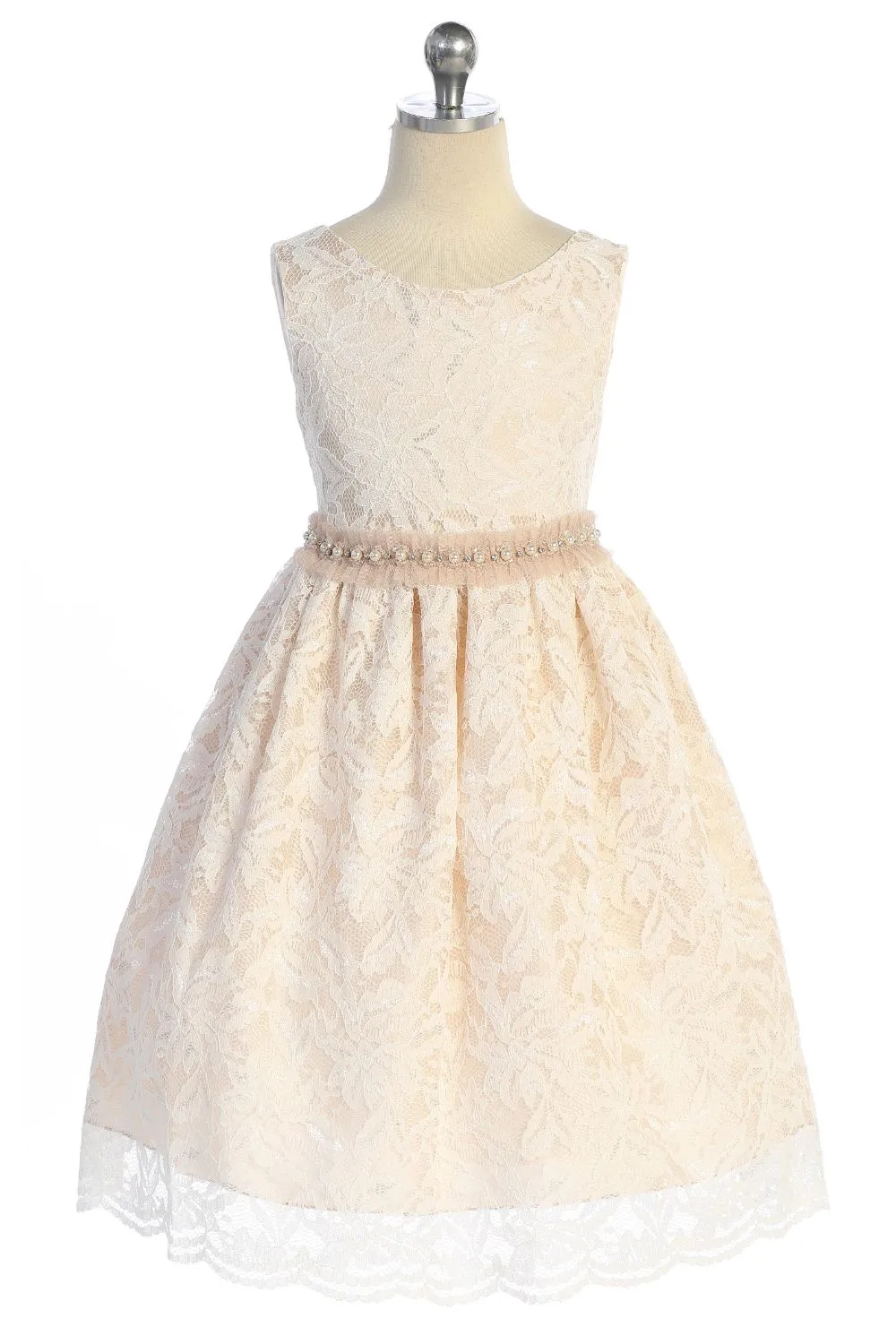 All Lace Girls Dress with V Back & Bow and Mesh Pearl Trim