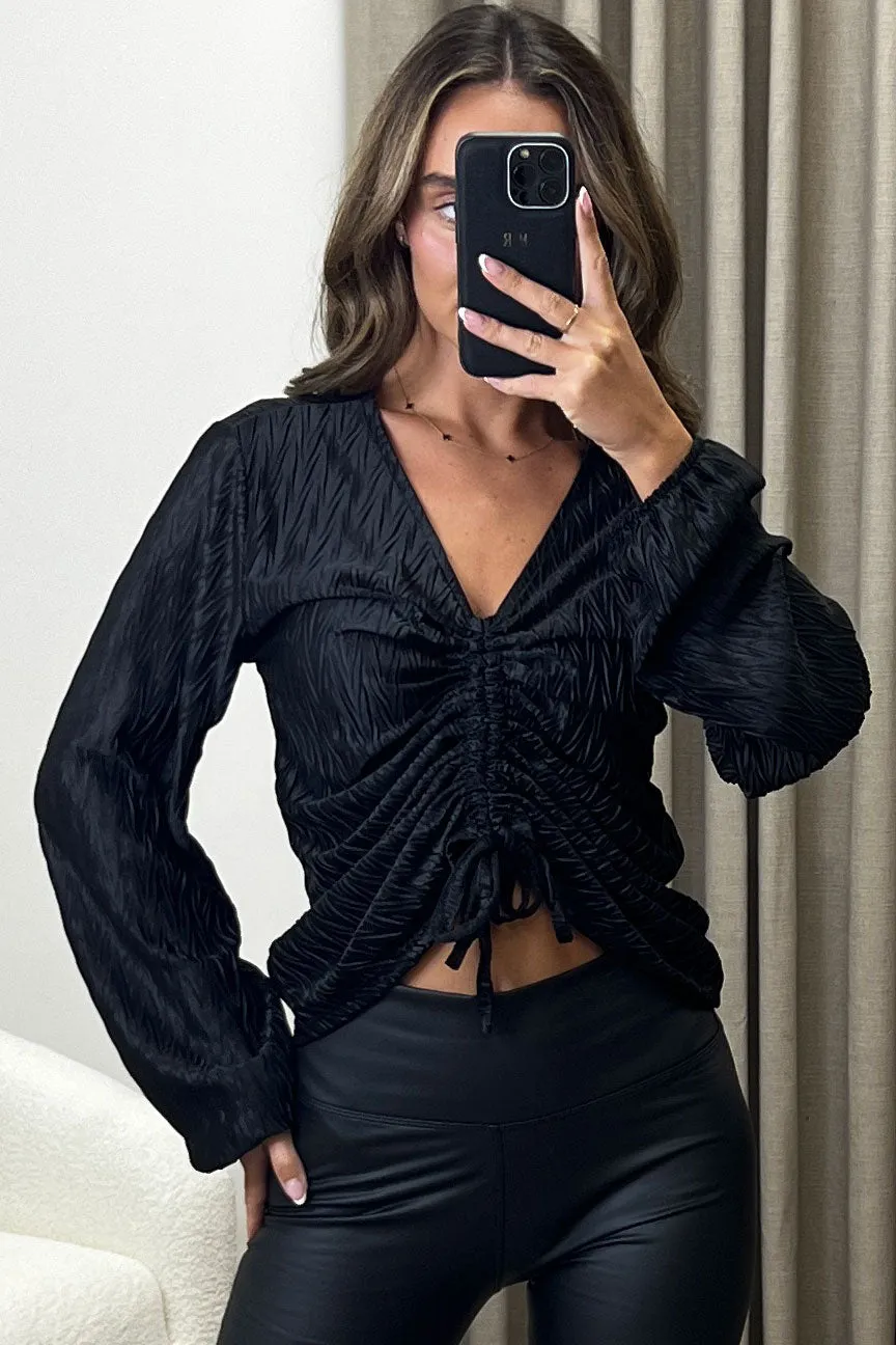 Anjie Black Textured Plisse Plunge Ruched Top