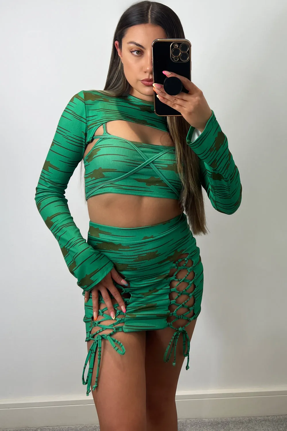 April Green Rib Printed 3 Piece Lace Up Co-Ord Set