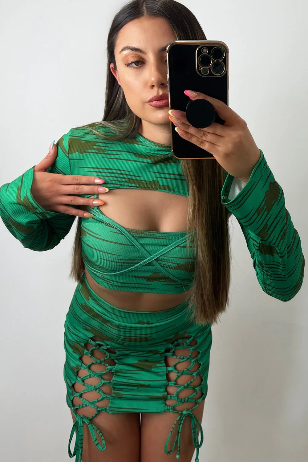 April Green Rib Printed 3 Piece Lace Up Co-Ord Set