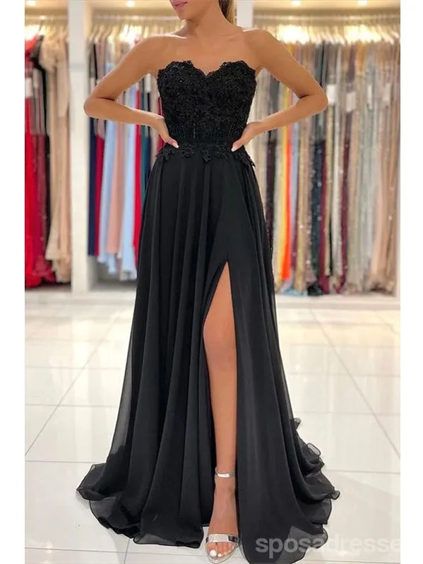 Black A-line Sweetheart High Slit Cheap Long Prom Dresses Online,12850