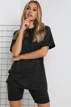 Black Ribbed Cycling Shorts Co-ord Loungewear Set