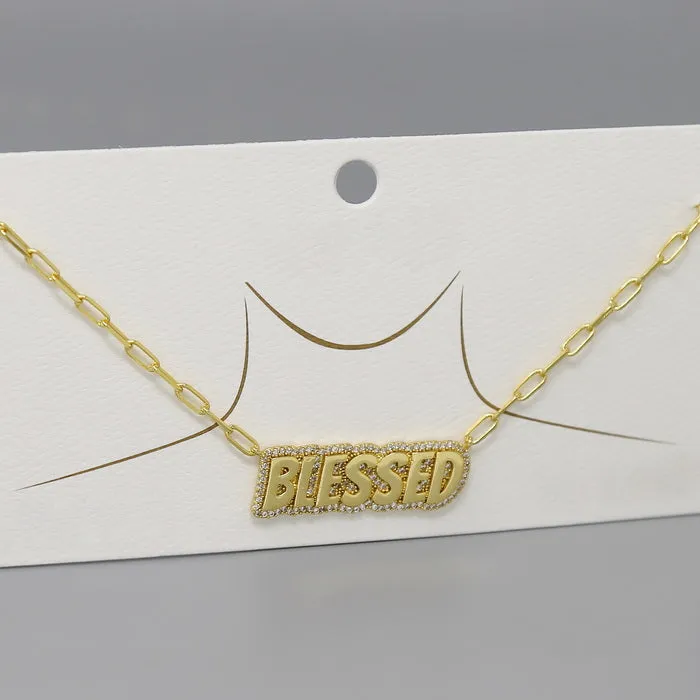 BLESSED Script CZ Pave Gold Dipped Short Necklace