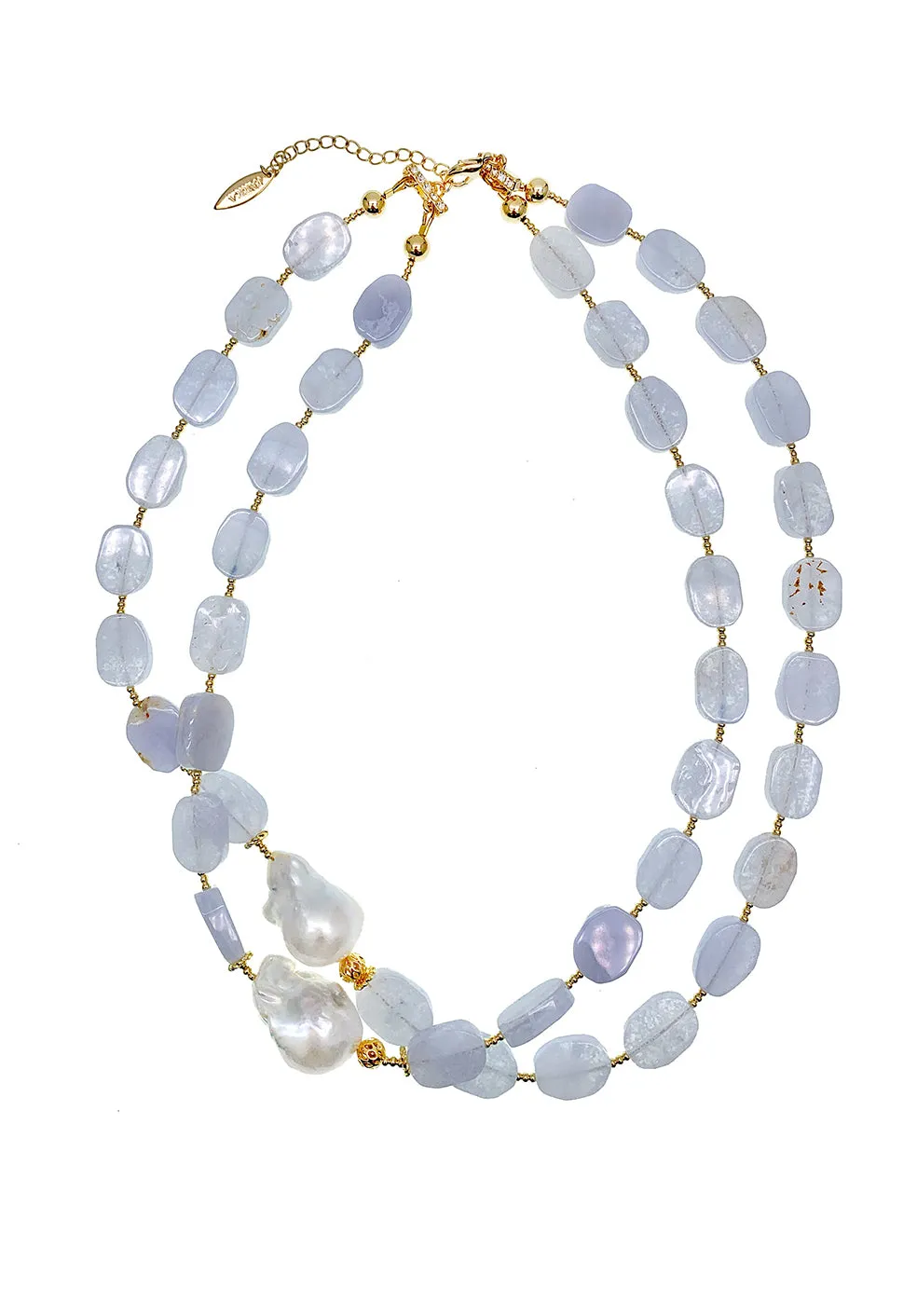 Blue Lace Agate With Baroque Pearls Double Strands Necklace GN023