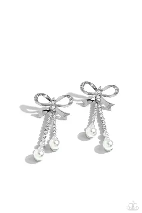 Bodacious Bow White Rhinestone & Pearl Bow Earrings - Paparazzi Accessories