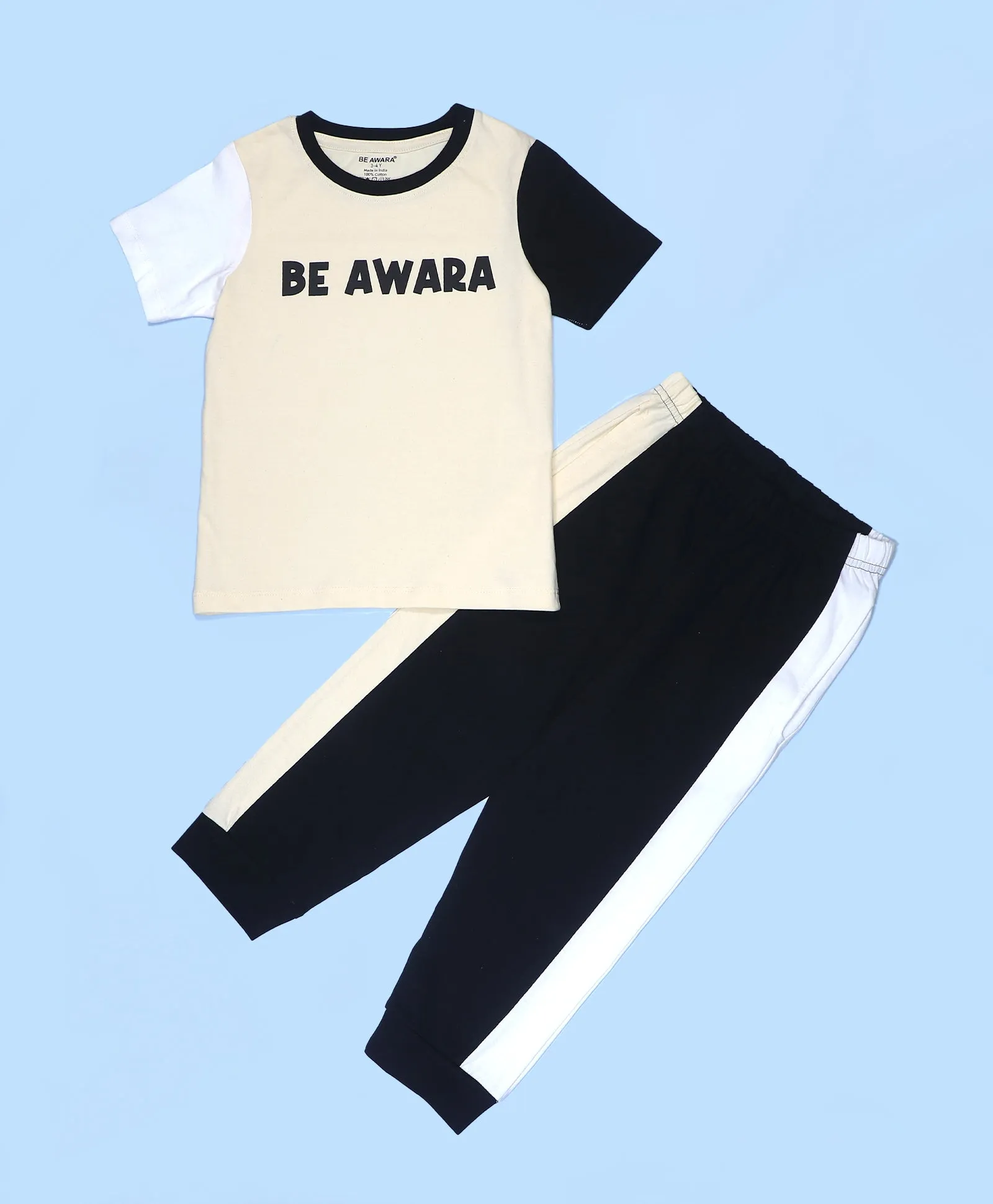 Boys Beige Be Awara Print Half Sleeves T-Shirt & Lounge Pant Set