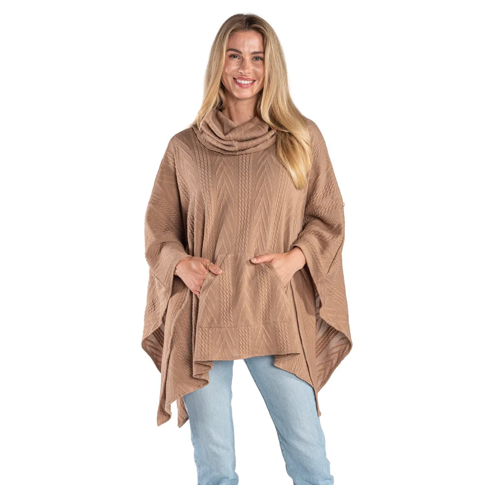 Camel Sweater Knit Sweater Poncho with Kangaroo Pocket