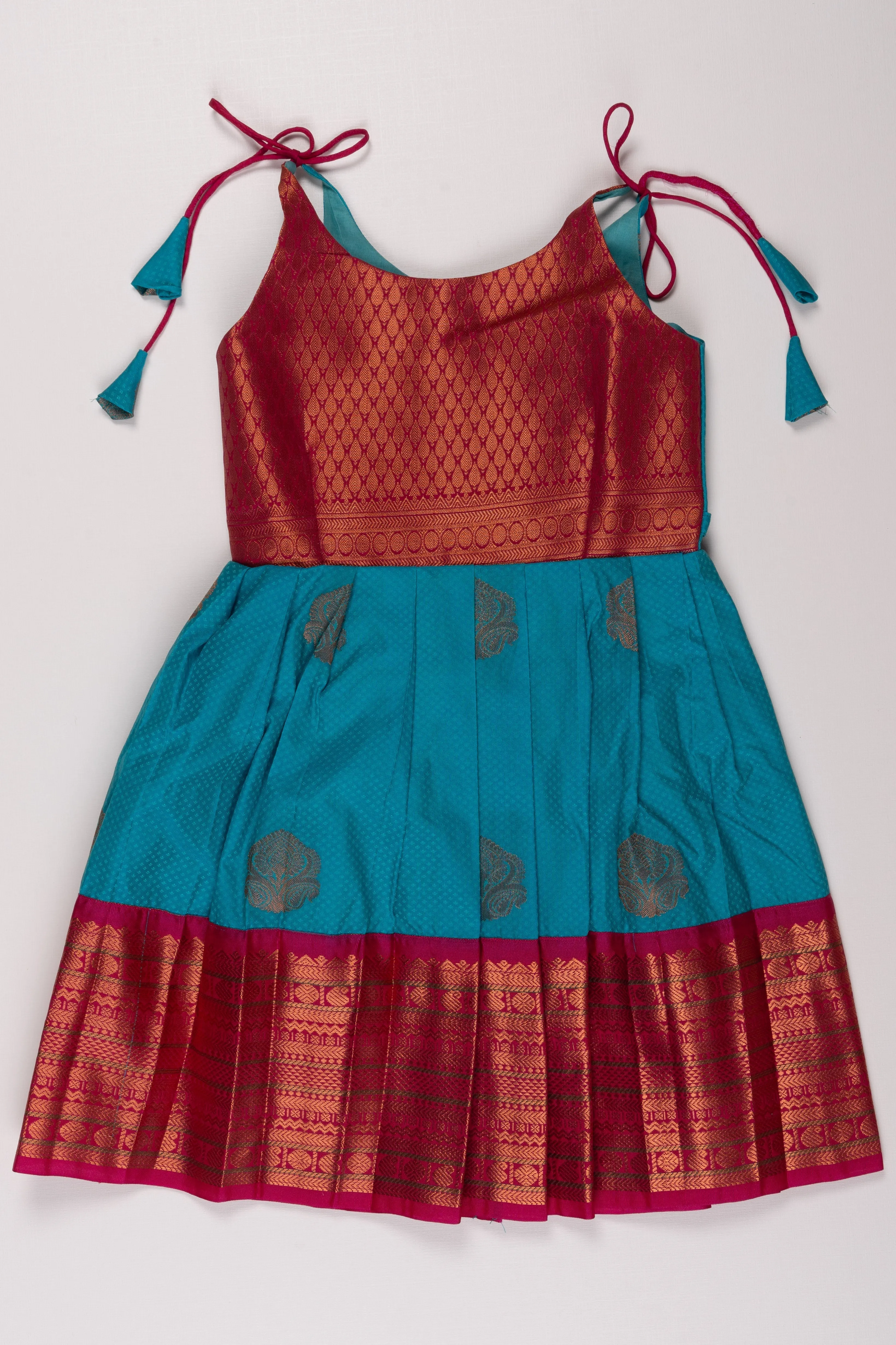 Cerulean Charm Red Silk Tie-Up Frock with Traditional Zari Hem