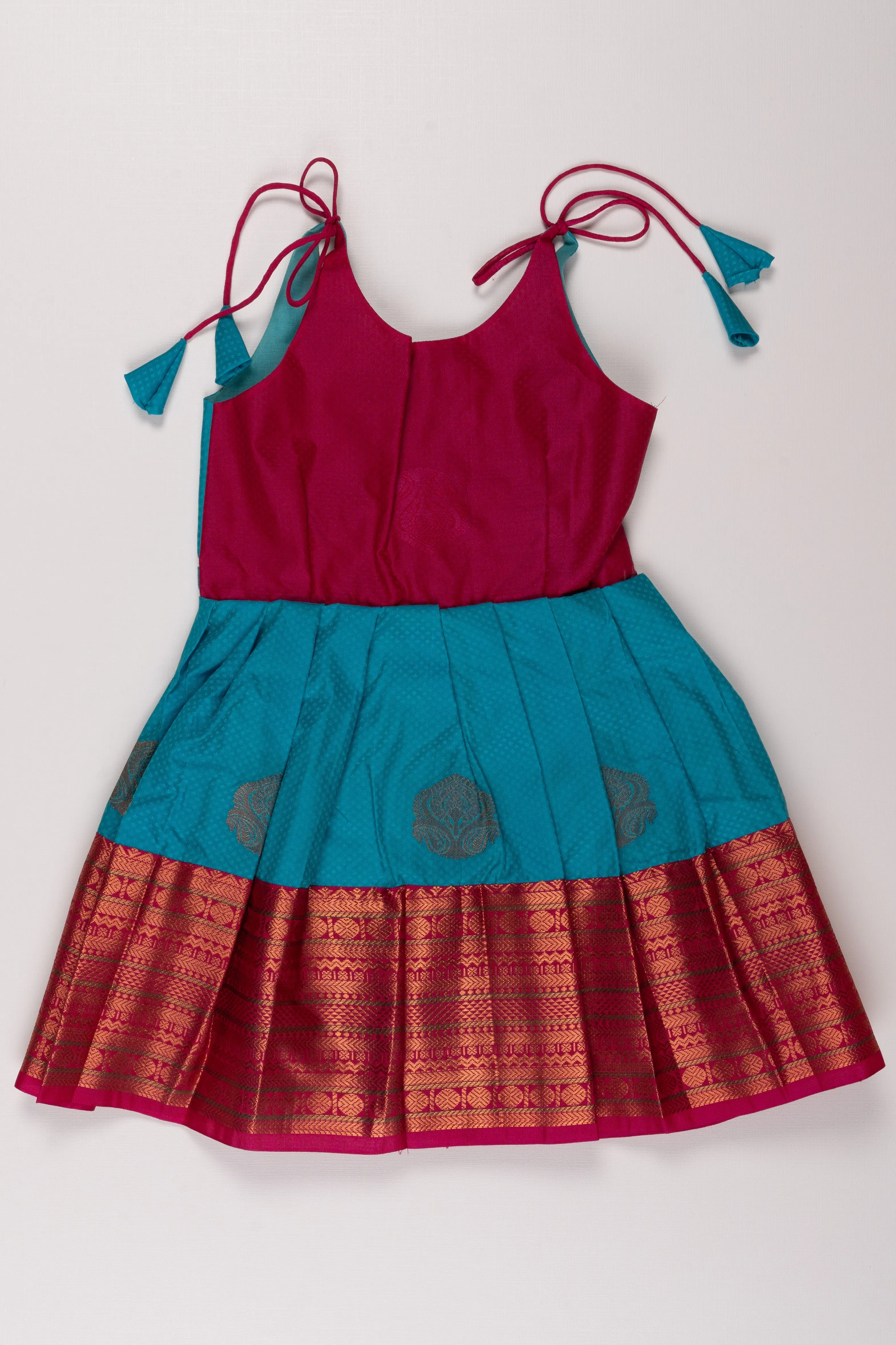 Cerulean Charm Red Silk Tie-Up Frock with Traditional Zari Hem