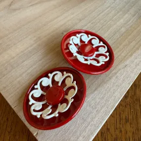 Cherry Red Scroll Flower Layered Stud Earrings *