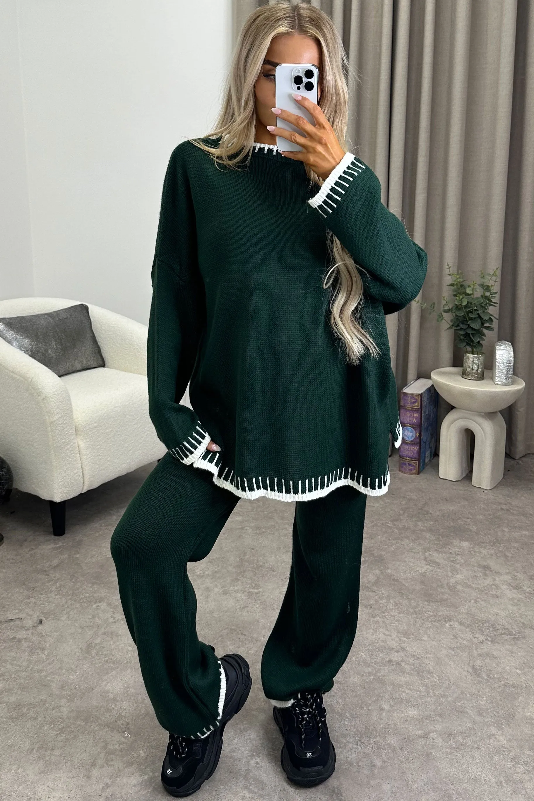 Cloe Dark Green Contrast Trim Knitted Jumper and Wide Leg Trousers Co-Ord Set