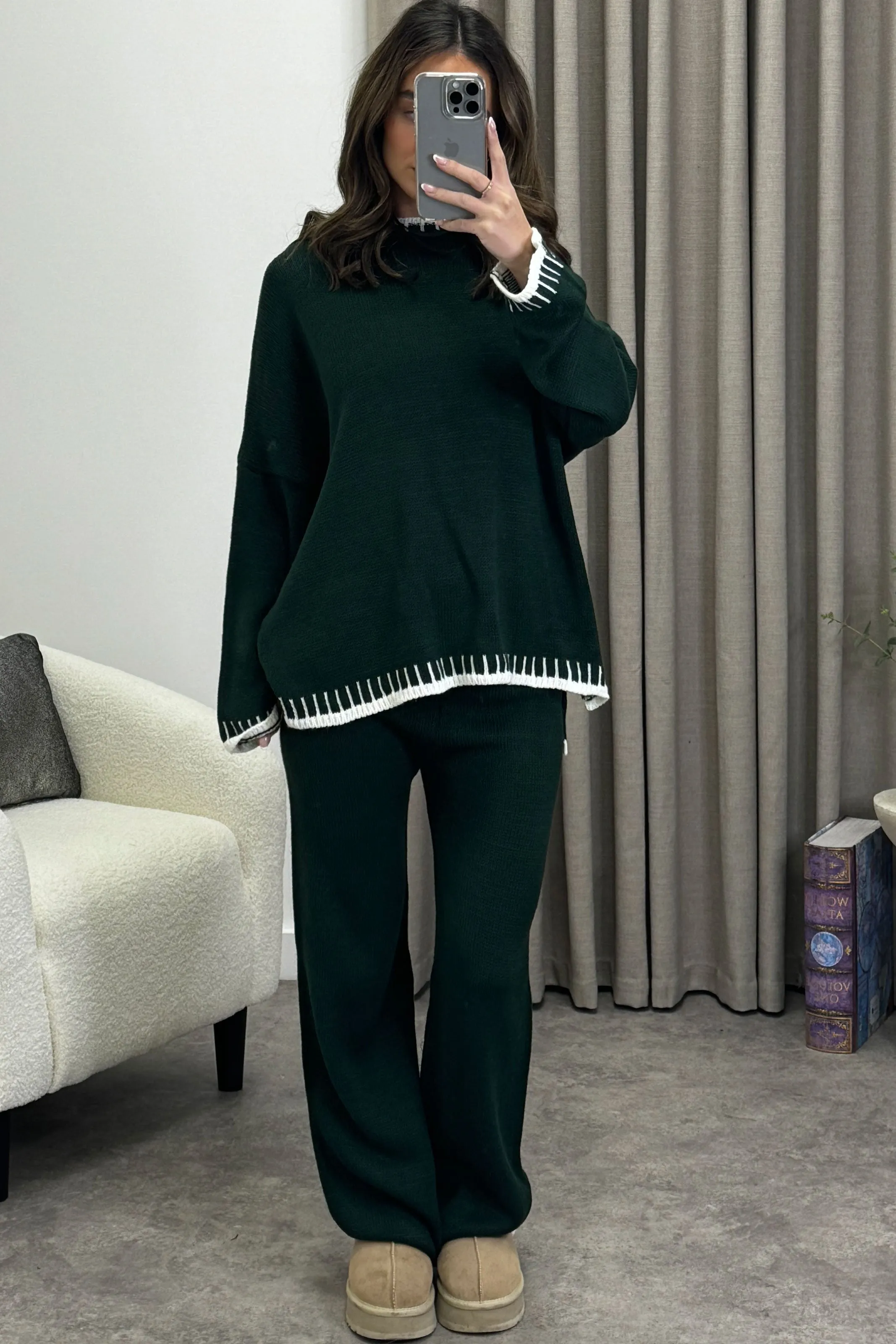 Cloe Dark Green Contrast Trim Knitted Jumper and Wide Leg Trousers Co-Ord Set