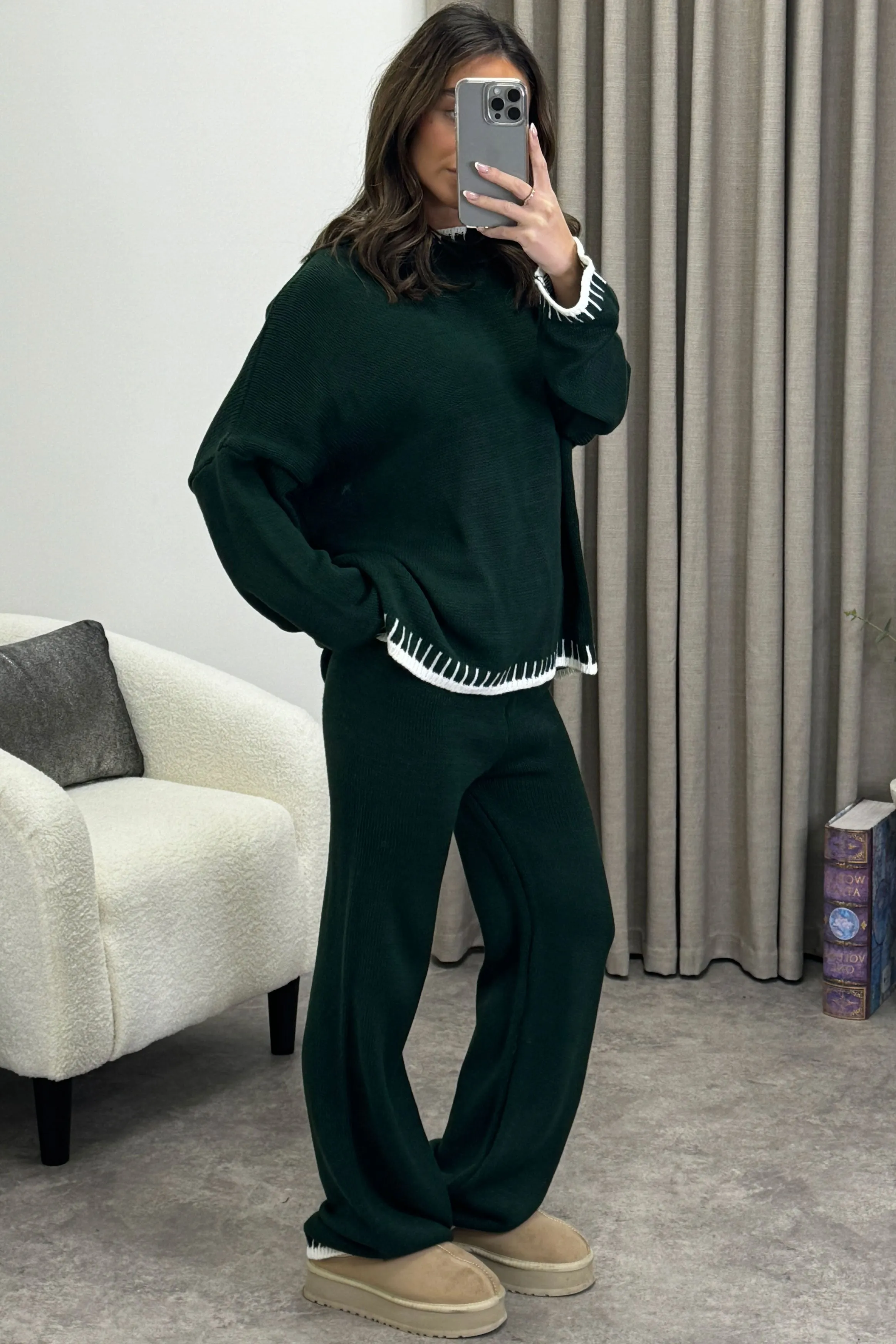 Cloe Dark Green Contrast Trim Knitted Jumper and Wide Leg Trousers Co-Ord Set