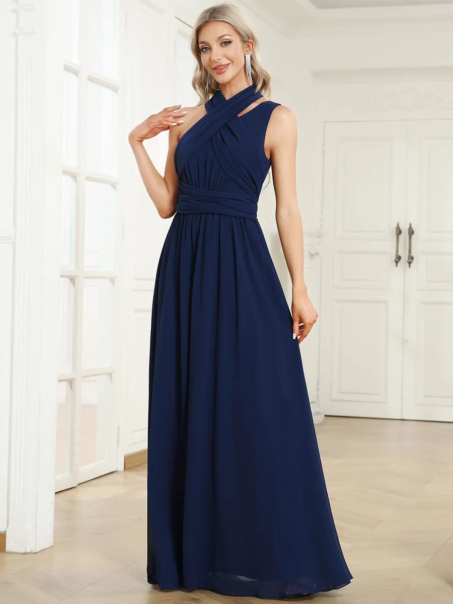 Convertible Embellished Waist Asymmetrical One Shoulder Chiffon Evening Dress