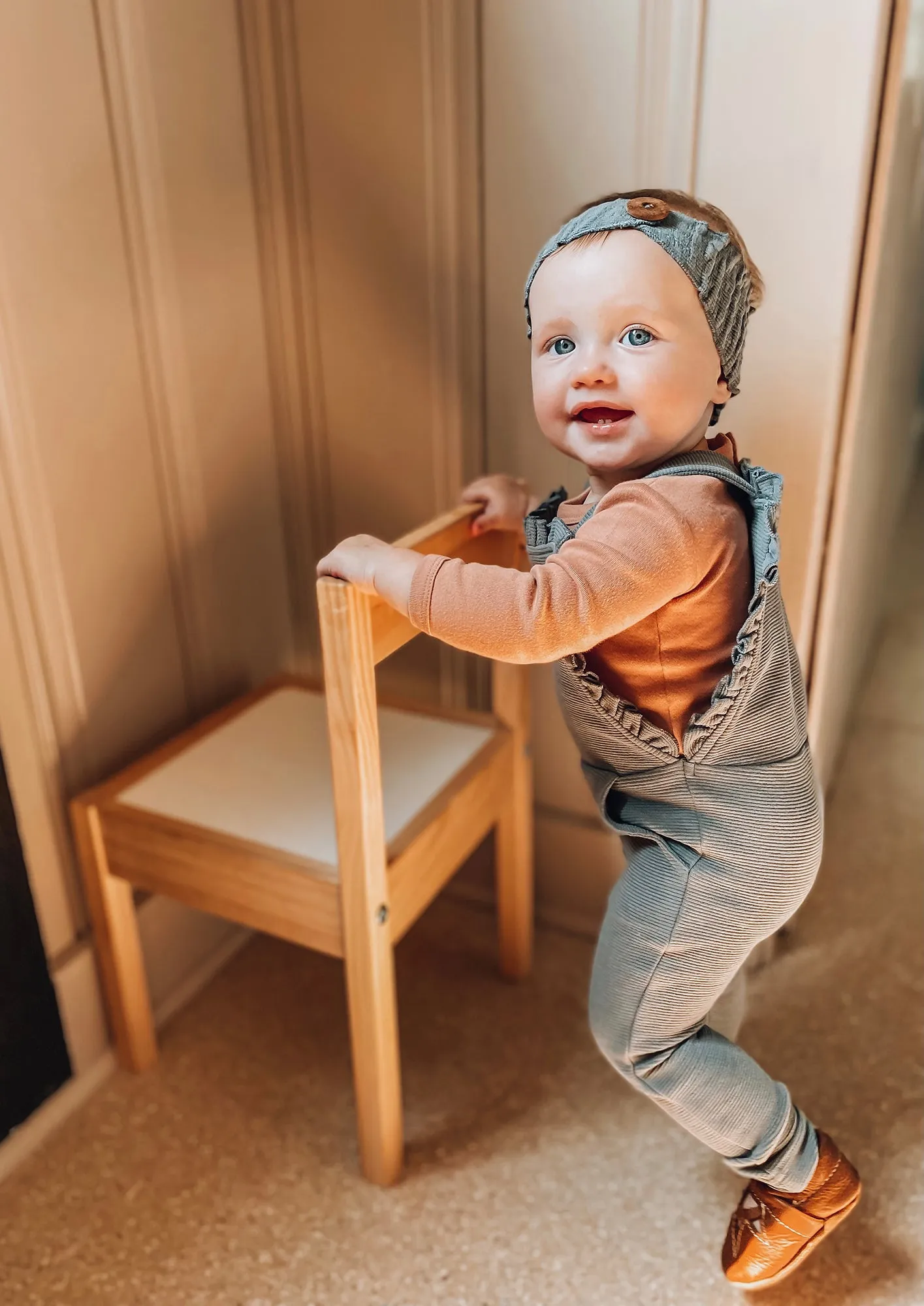 Corduroy Ruffle Romper in Moonstone