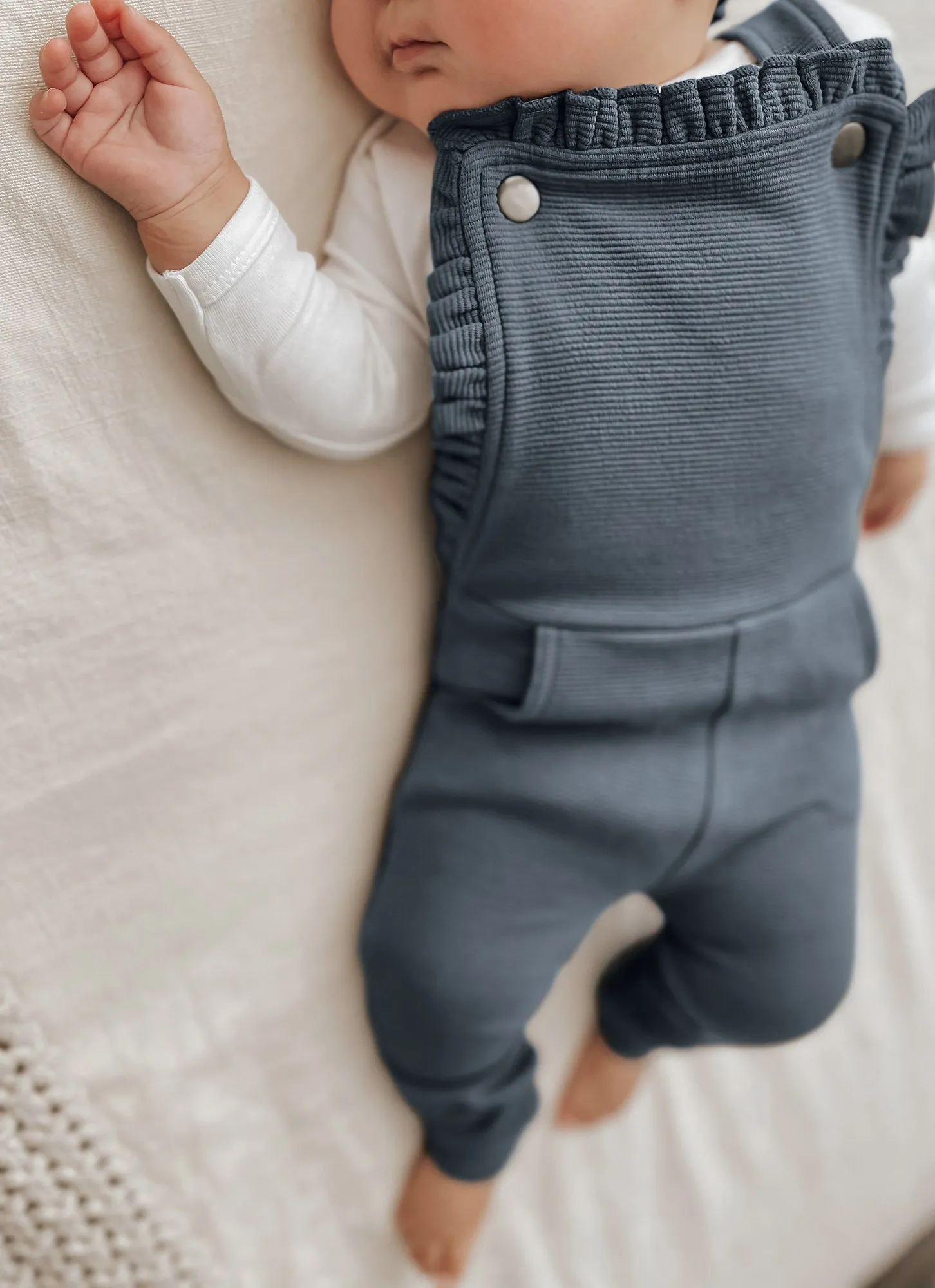 Corduroy Ruffle Romper in Moonstone