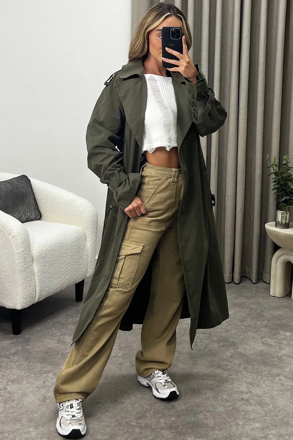 Coreen Khaki Belted Button Up Trench Longline Coat