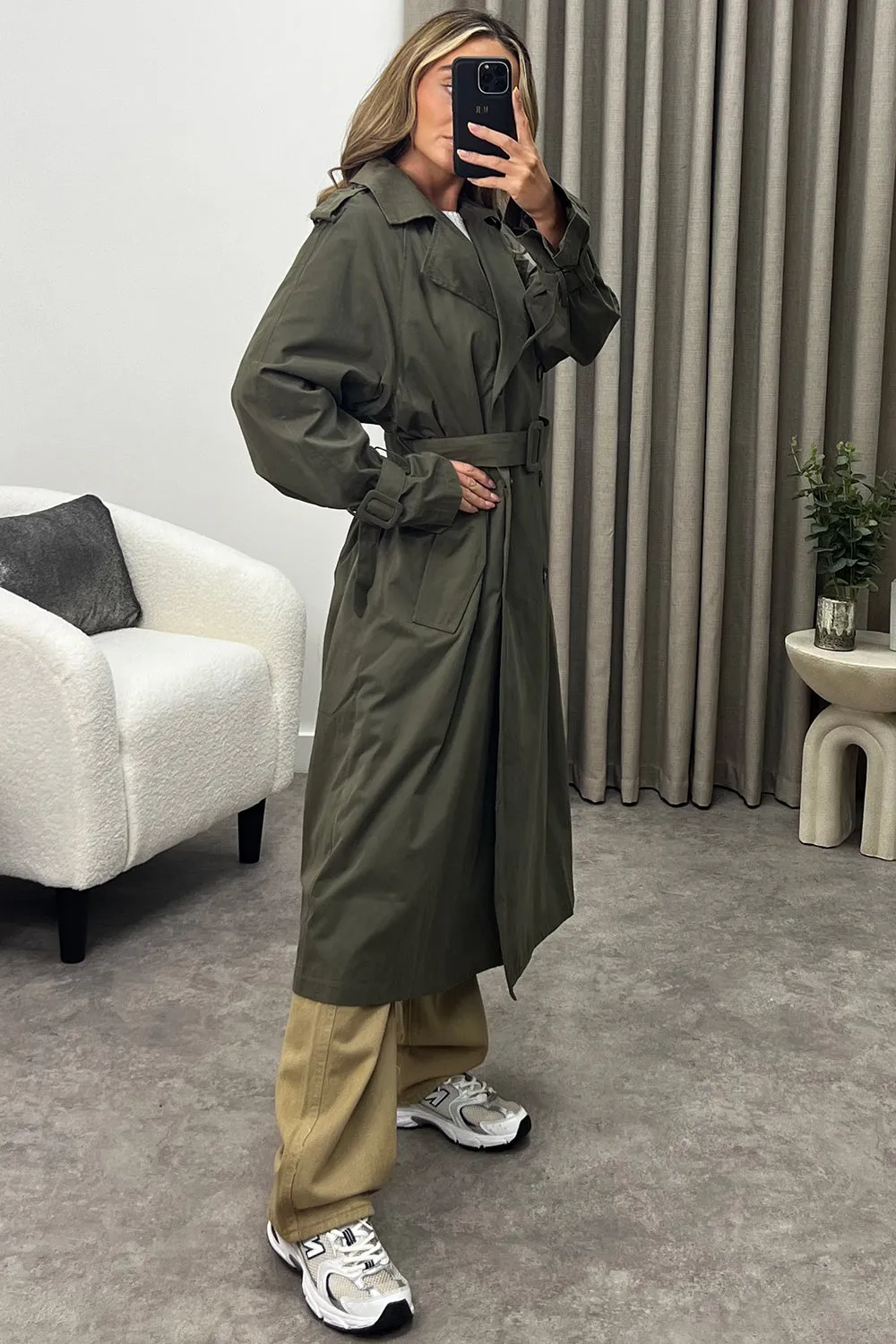 Coreen Khaki Belted Button Up Trench Longline Coat