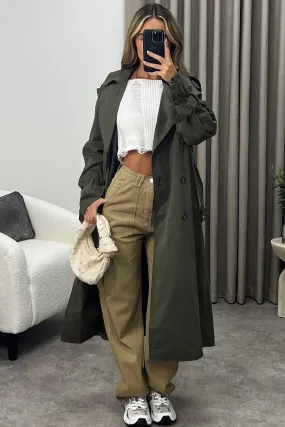 Coreen Khaki Belted Button Up Trench Longline Coat