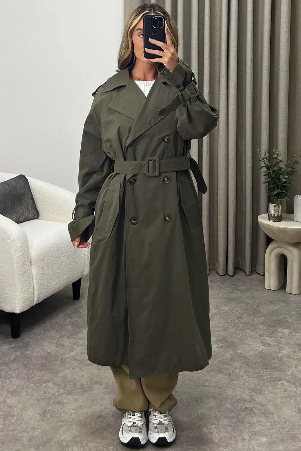 Coreen Khaki Belted Button Up Trench Longline Coat