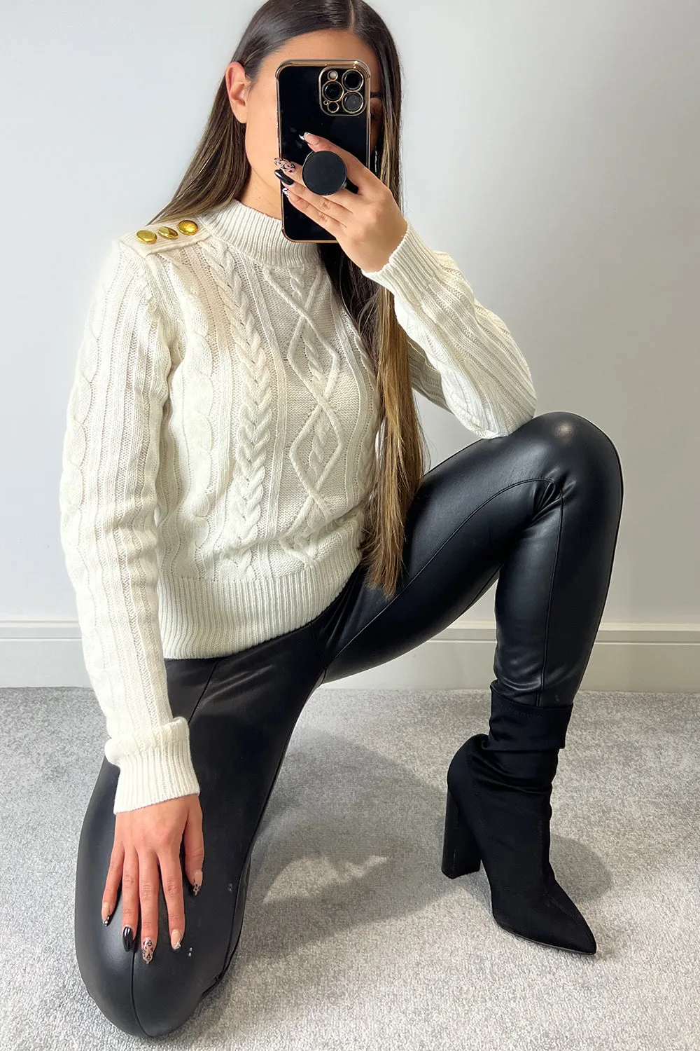 Coriana Cream Button Detail Cable Knit Jumper