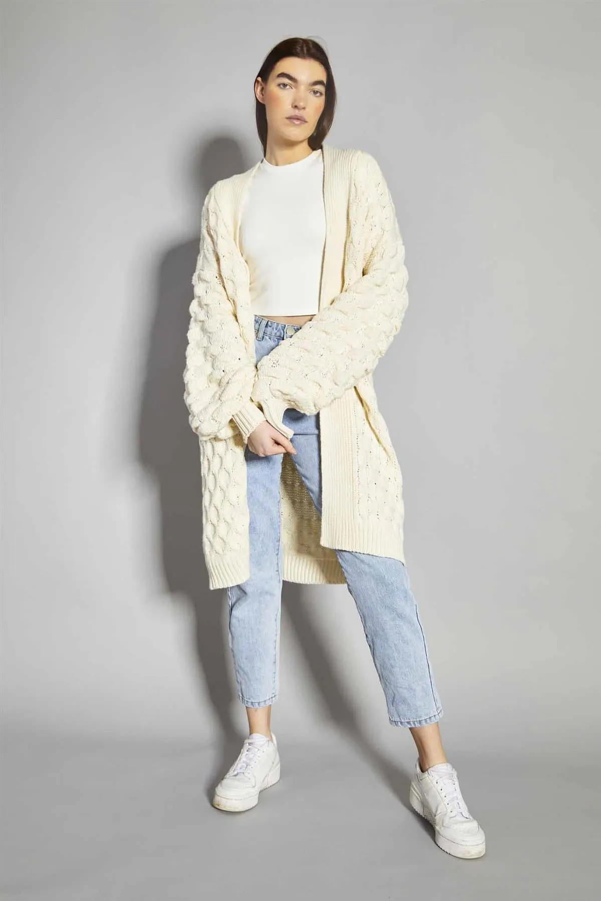 Cream Cable Knit Longline-Cardigan