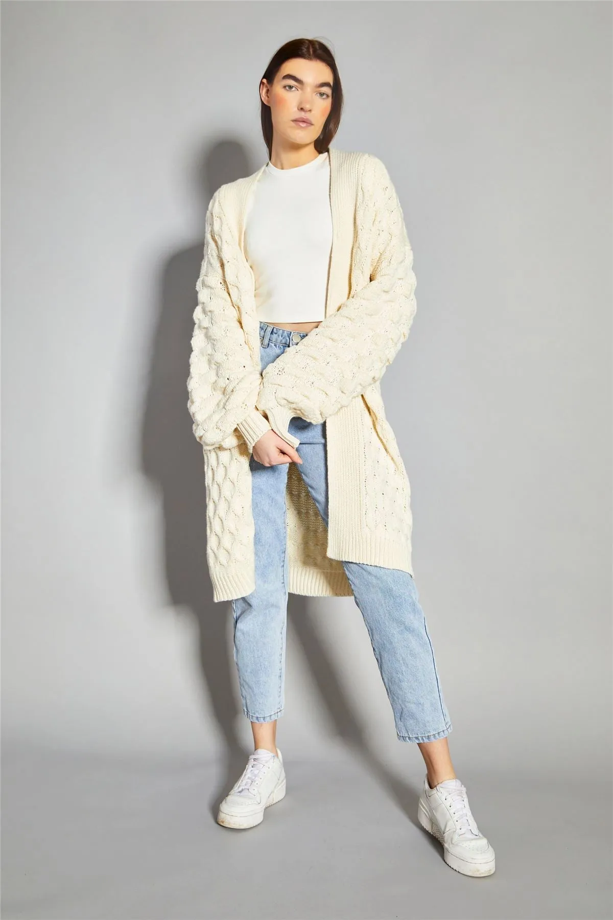 Cream Cable Knit Longline-Cardigan