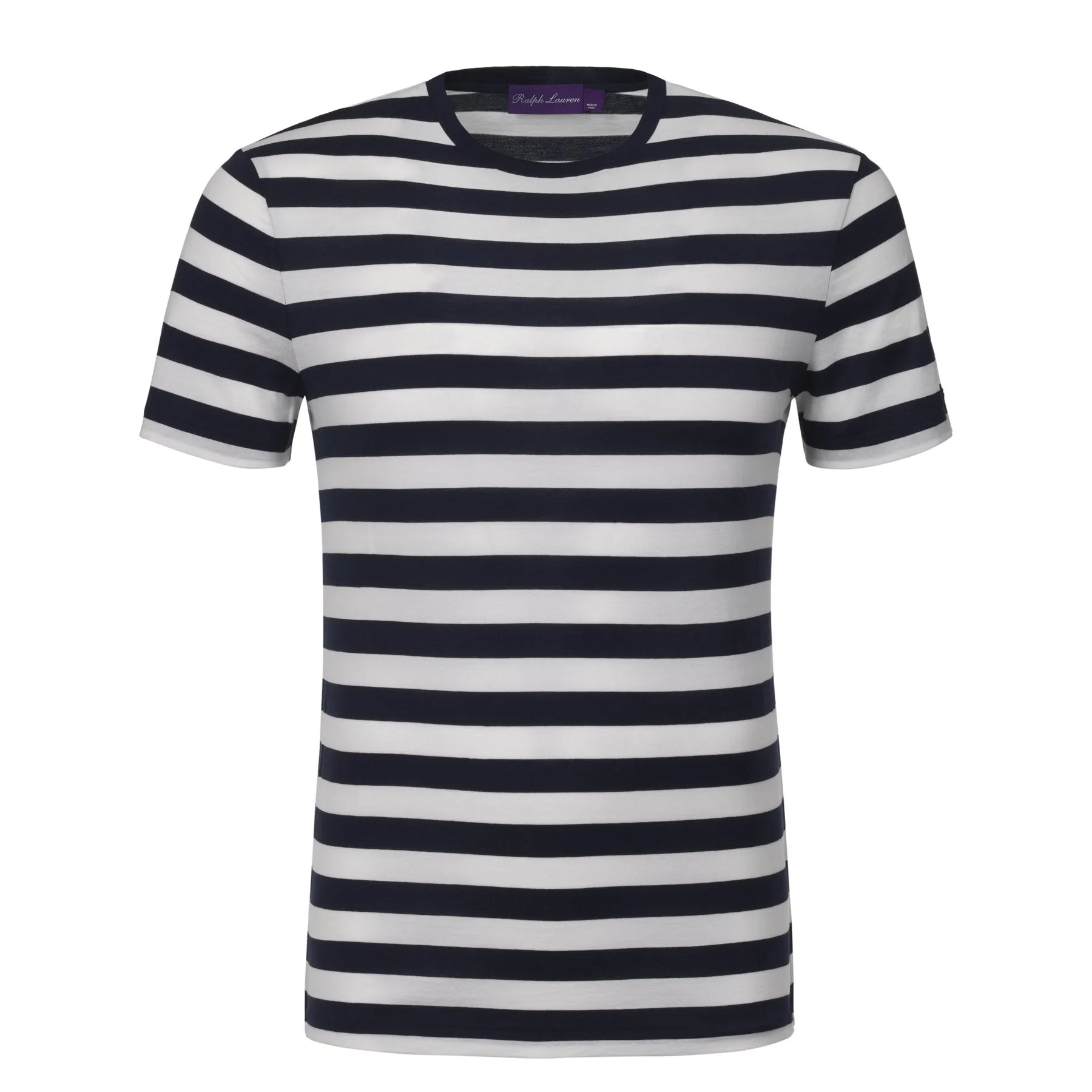 Crew Neck Striped Cotton T-Shirt in White and Blue