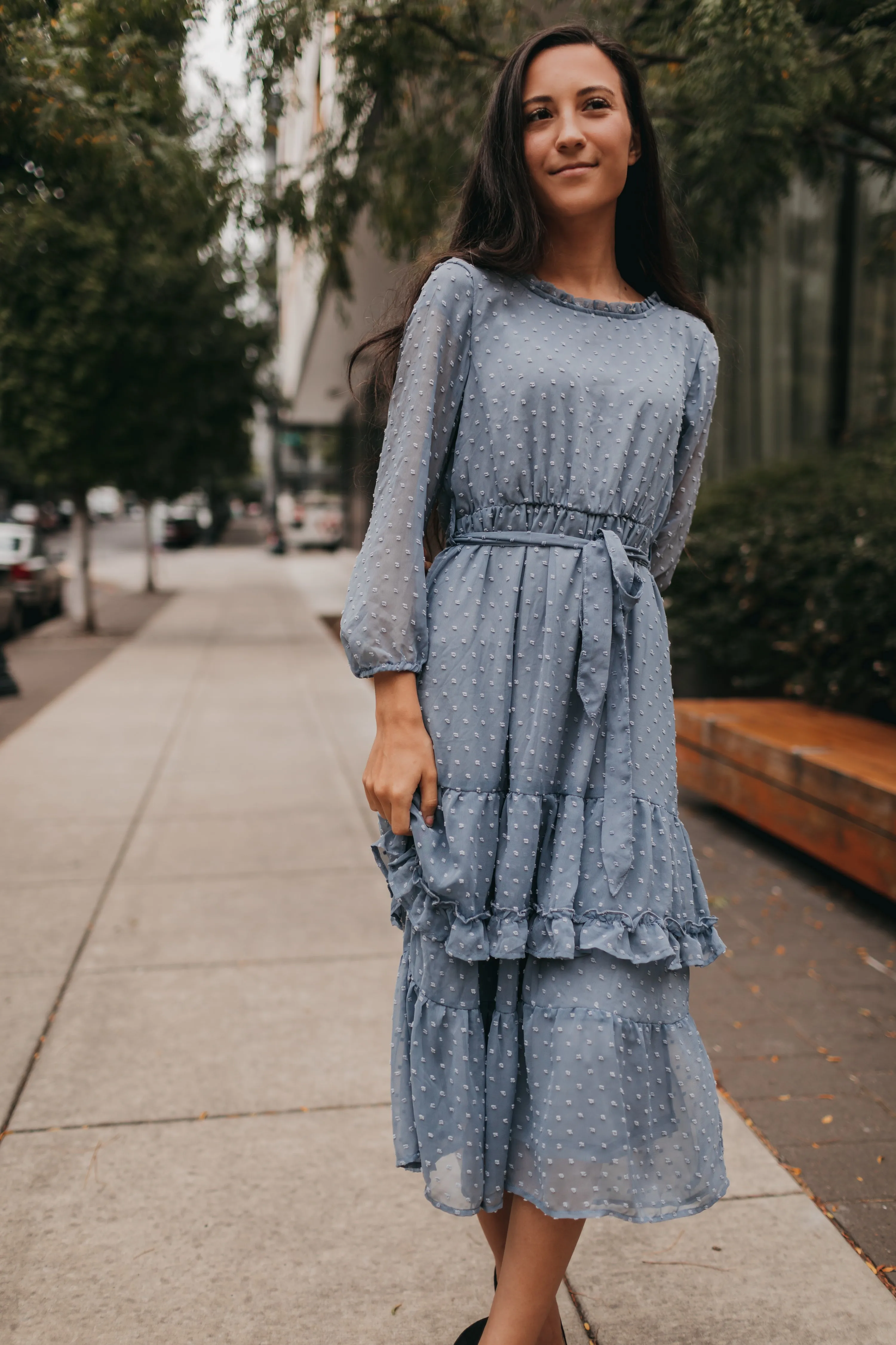 Daria Swiss Dot Tier Midi Dress in Dusty Blue