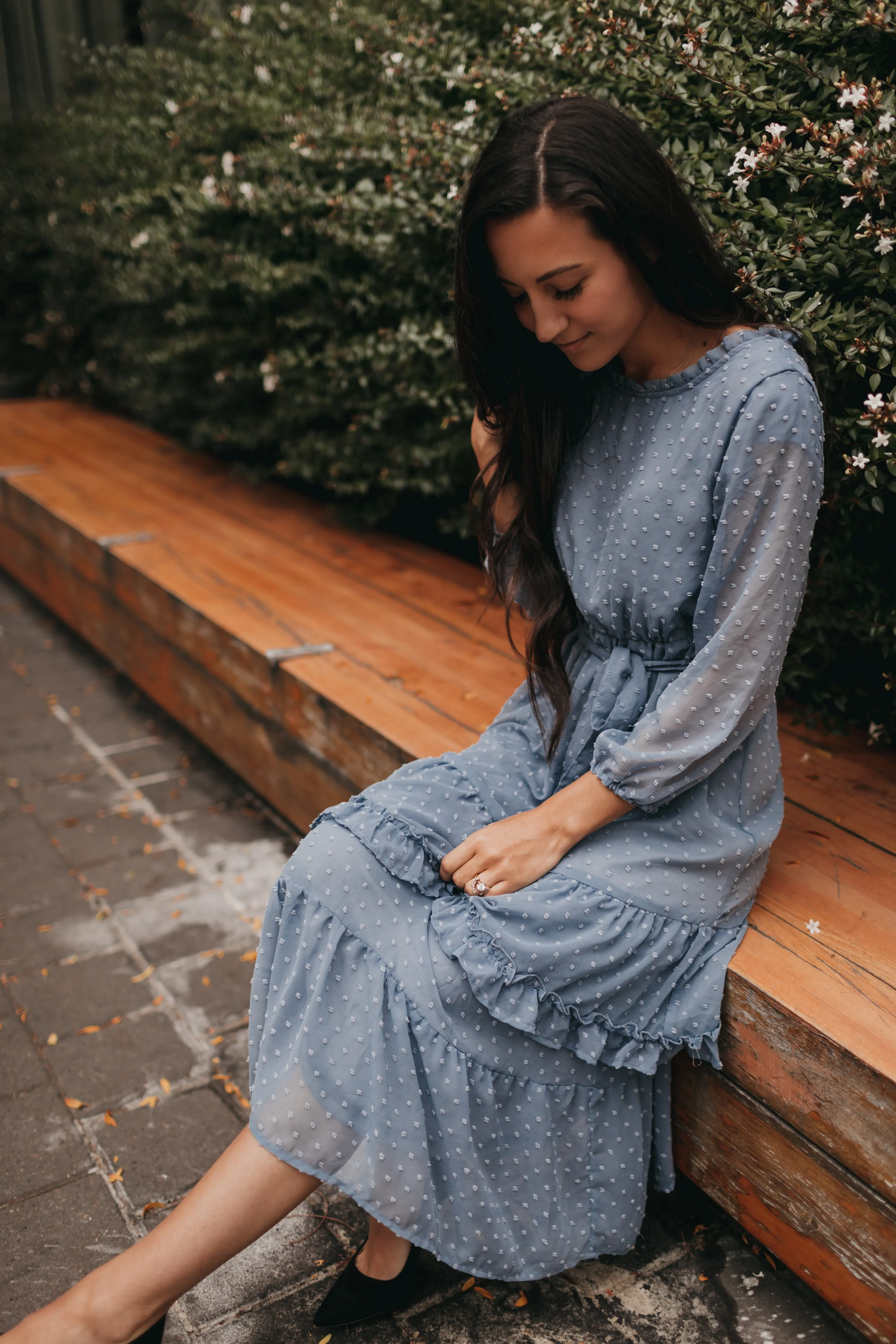 Daria Swiss Dot Tier Midi Dress in Dusty Blue