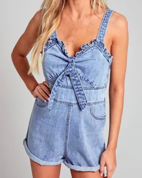 Denim Bow Tie Sleeveless Jumpsuit Romper with Pockets - Light Denim Blue