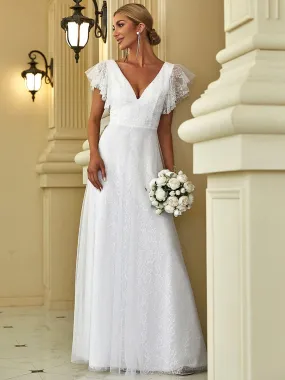 Elegant Maxi Lace Elopement Wedding Dress with Ruffle Sleeves